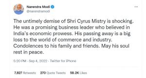 narendra modi tweet on cyrus mistry accident