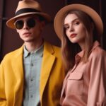 man-woman-yellow-jacket-stand-front-wall-woman-hat-sunglasses