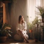 woman-sits-round-cushion-dark-room-with-plants-windowsill