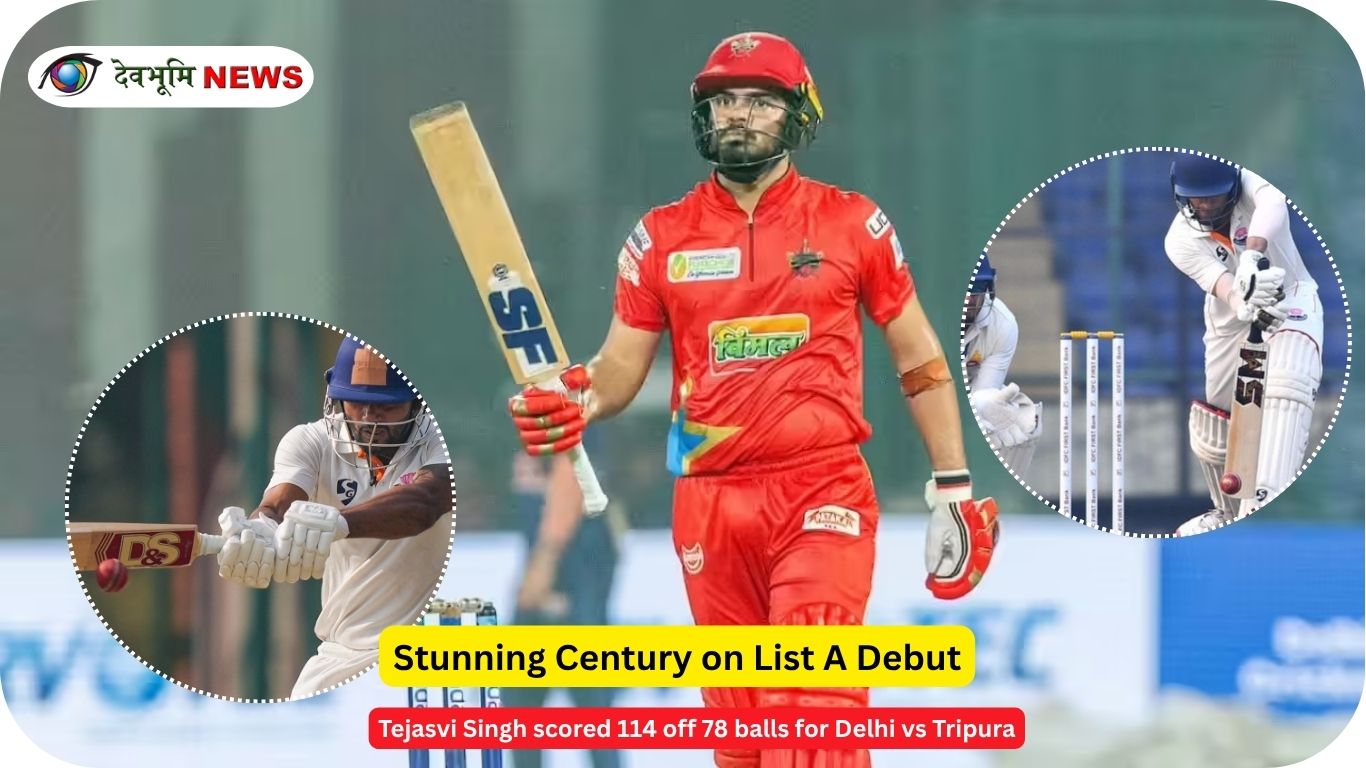 Tejasvi Singh celebrating century on Vijay Hazare Trophy debut match
