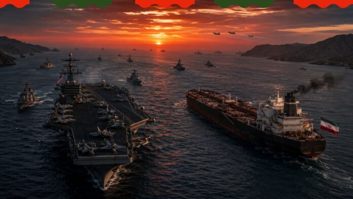 A dramatic, cinematic wide-angle aerial view of the Strait of Hormuz at dusk, with a massive U.S. Navy aircraft carrier battle group on one side and a shadowy Iranian-flagged oil tanker dead in the water on the other, smoke rising faintly from its disabled rudder. In the distant horizon, fighter jets streak across a deep orange and red sky. The Persian Gulf waters are dark and tense, reflecting the fiery sunset. Surrounding the strait, faint silhouettes of warships from multiple nations are visible on the horizon. The mood is geopolitically charged, ominous, and cinematic. Photorealistic, shot on a long lens, dramatic lighting, editorial news photography style, ultra-detailed, 4K resolution, 16:9 widescreen format. Style variations you can append: MoodAdd this to the promptNewspaper front page