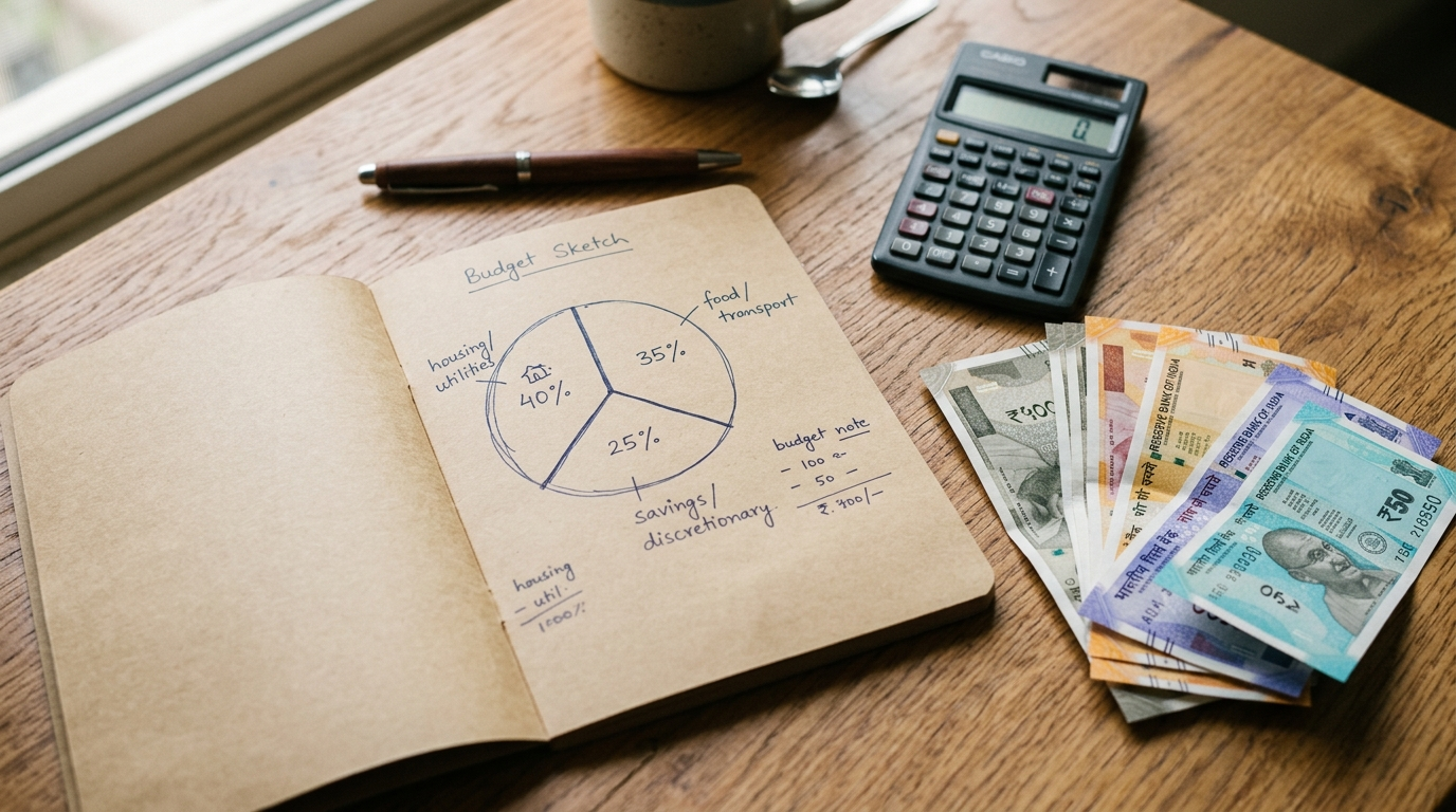 50 30 20 Budgeting Rule ka pie chart breakdown calculator ke saath