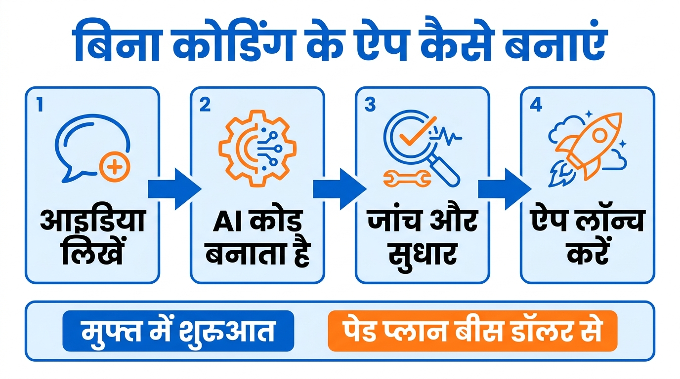 AI App Builder से बिना कोडिंग ऐप कैसे बनाएं इन्फोग्राफिक स्टेप्स