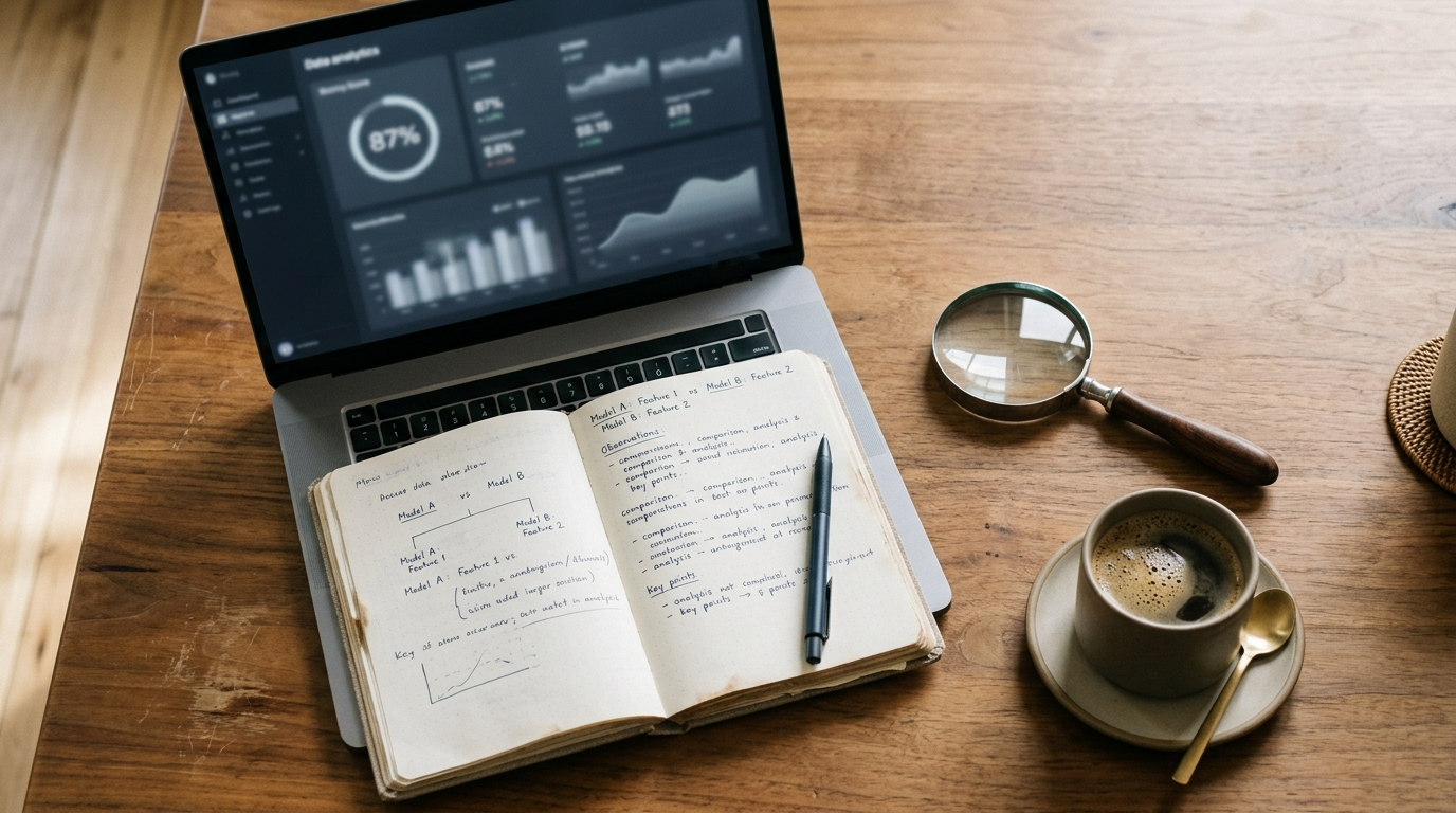 AI Content Detector tools compare karne ka setup - laptop aur notes