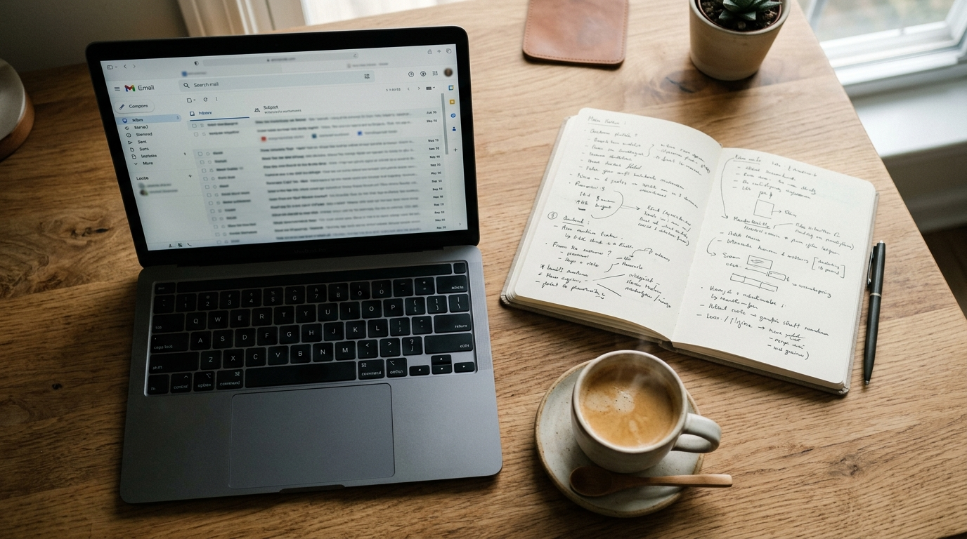 AI Email Writing Hacks ka inbox aur notebook setup