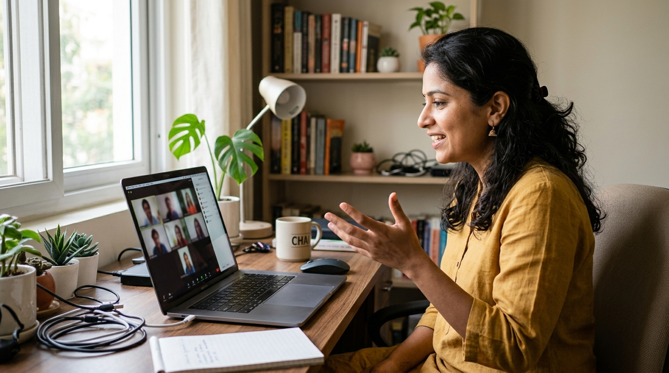 AI Laptop पर वीडियो कॉल करता व्यक्ति बैकग्राउंड ब्लर के साथ
