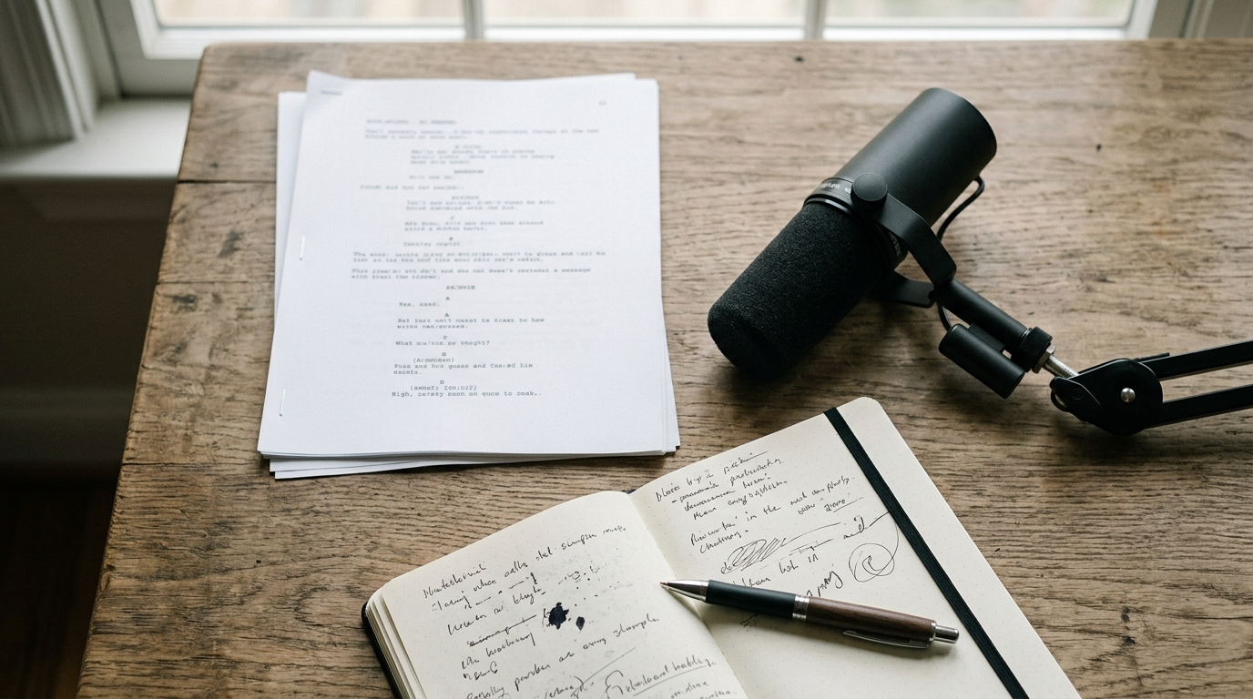 AI Podcast Script Writing ka script printout aur microphone setup