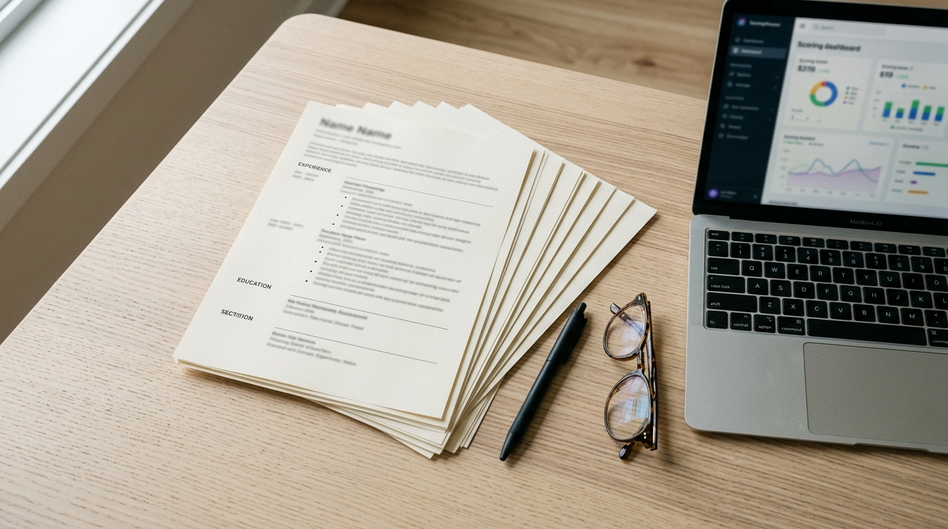 AI Resume Screening Tool ke resume papers aur scoring dashboard