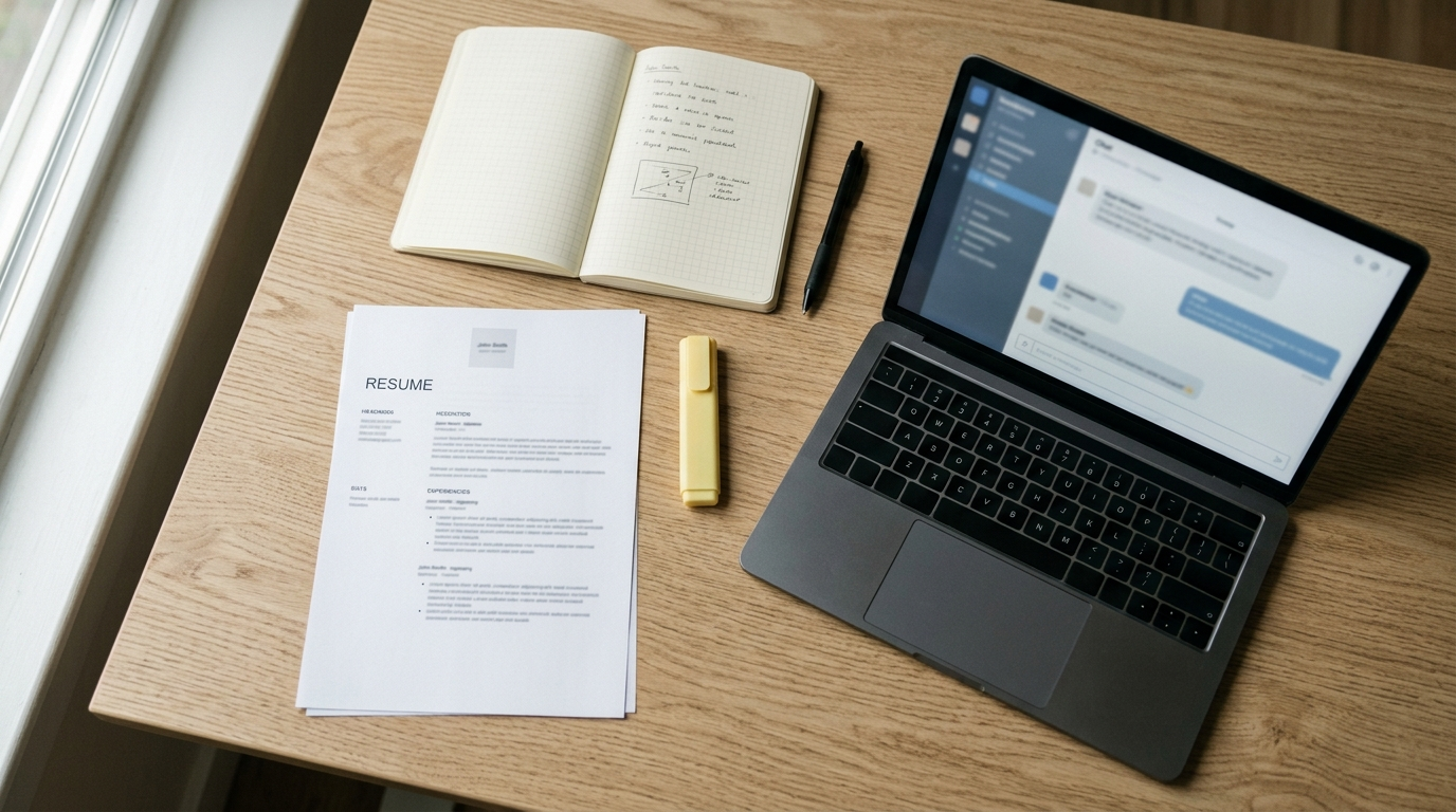AI Resume Writing Tips ka printed resume aur laptop setup