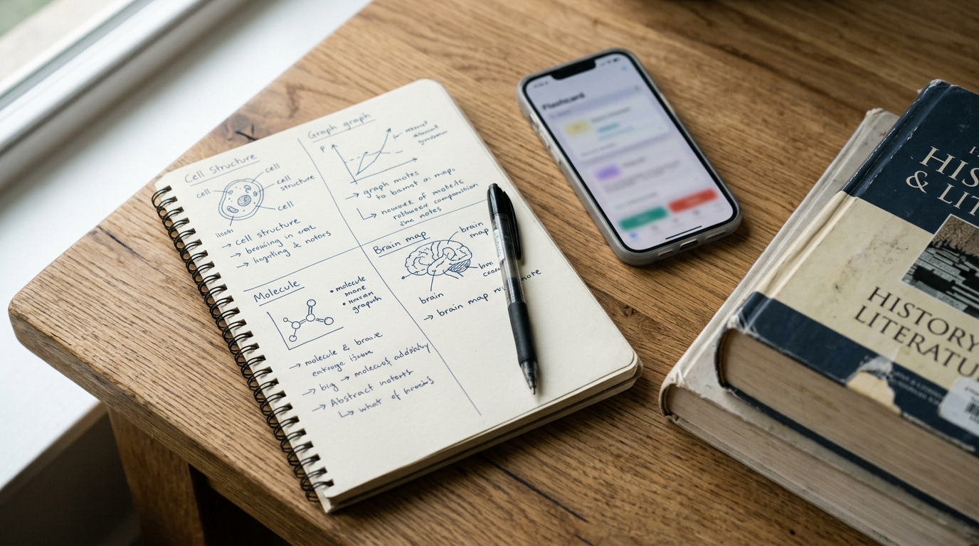 AI Study Tips Students ke flashcards aur textbooks setup