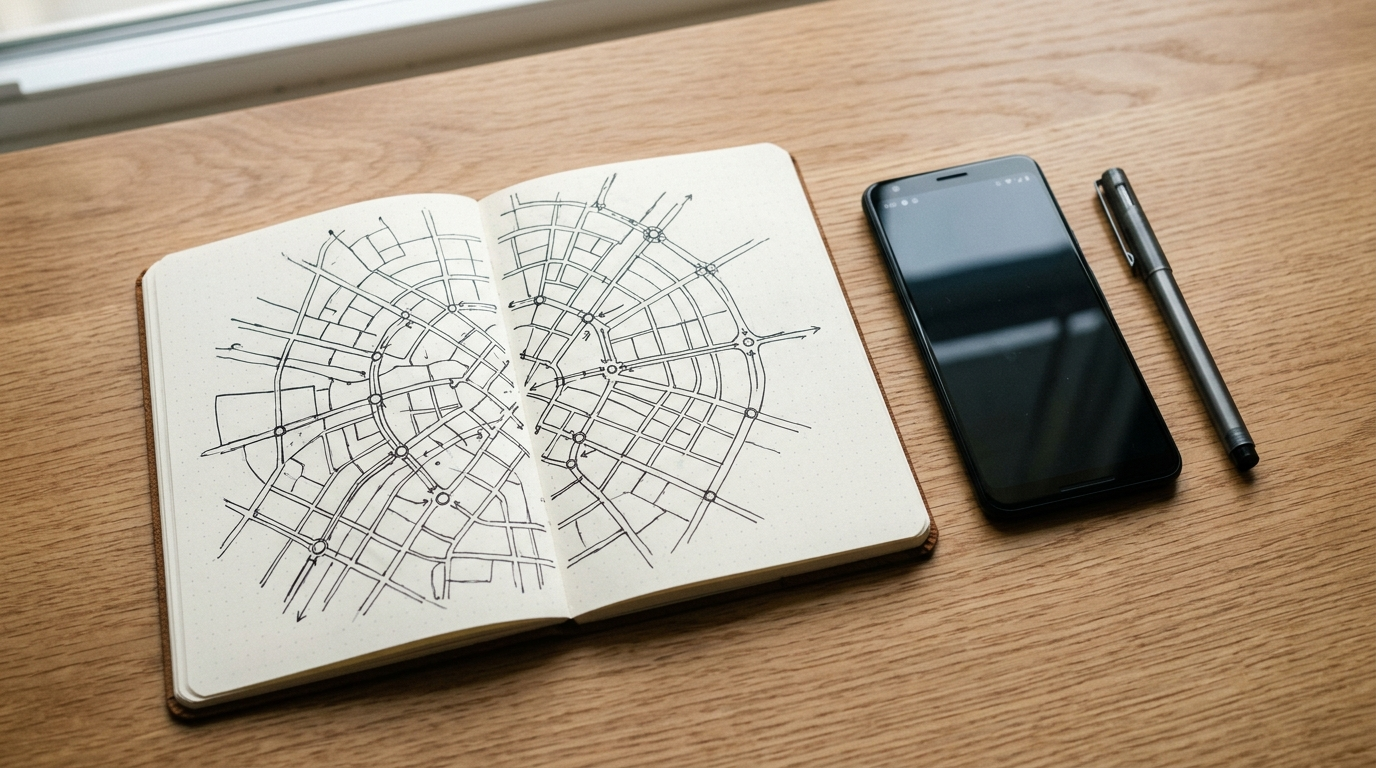 AI Traffic Signal Management ka city map sketch notebook mein