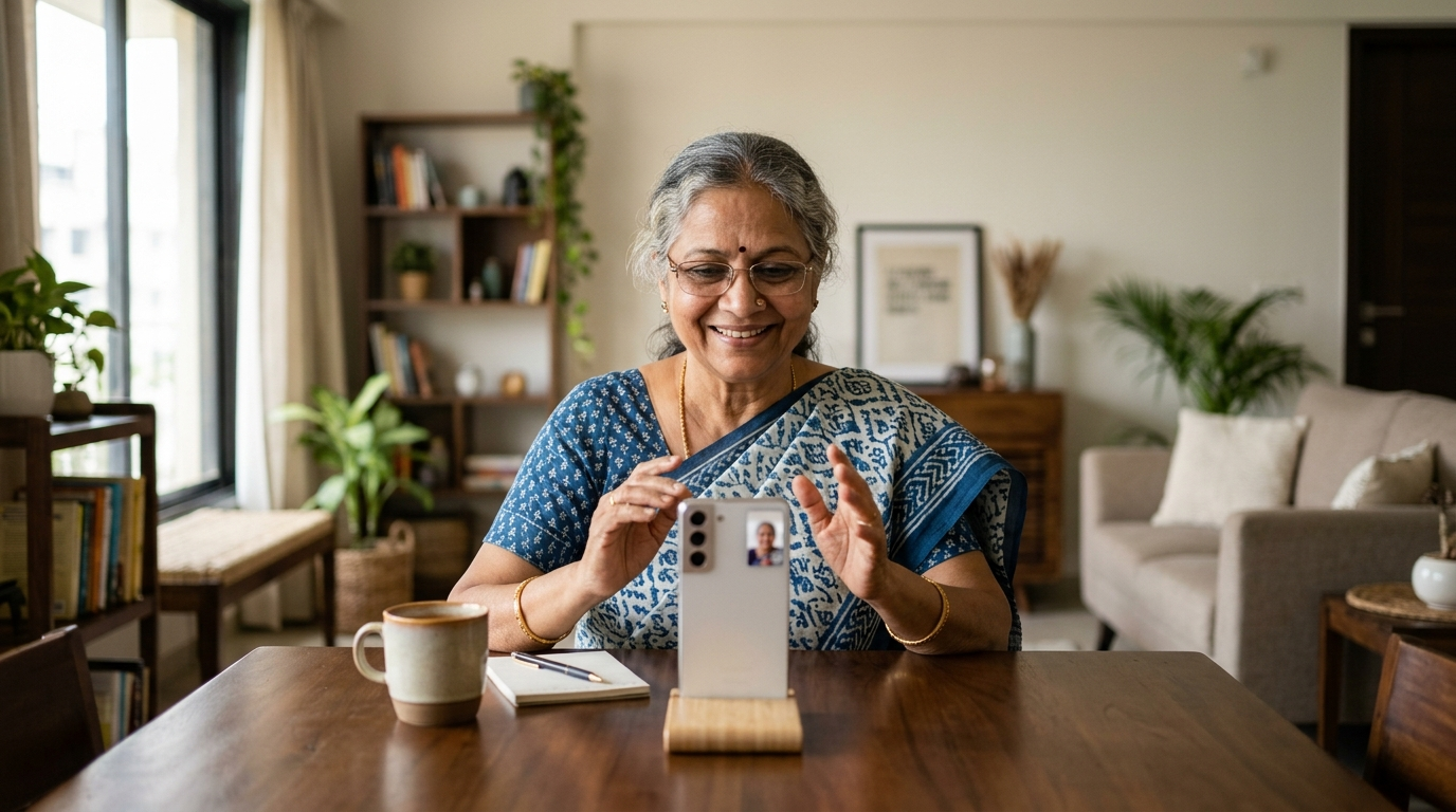 Best Smartphone for Senior Citizens पर वीडियो कॉल करती बुजुर्ग महिला