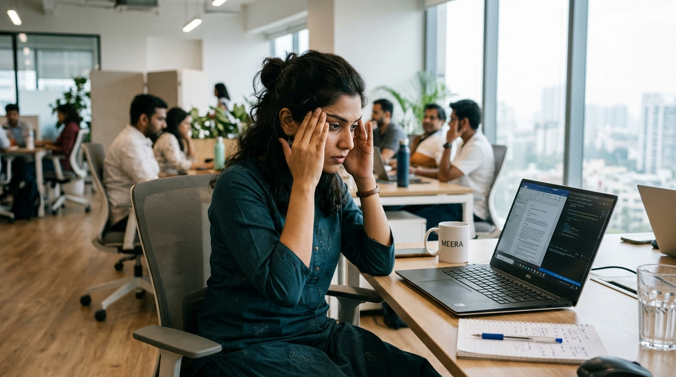Brain Fog के लक्षण दिखाती थकी हुई महिला ऑफिस में