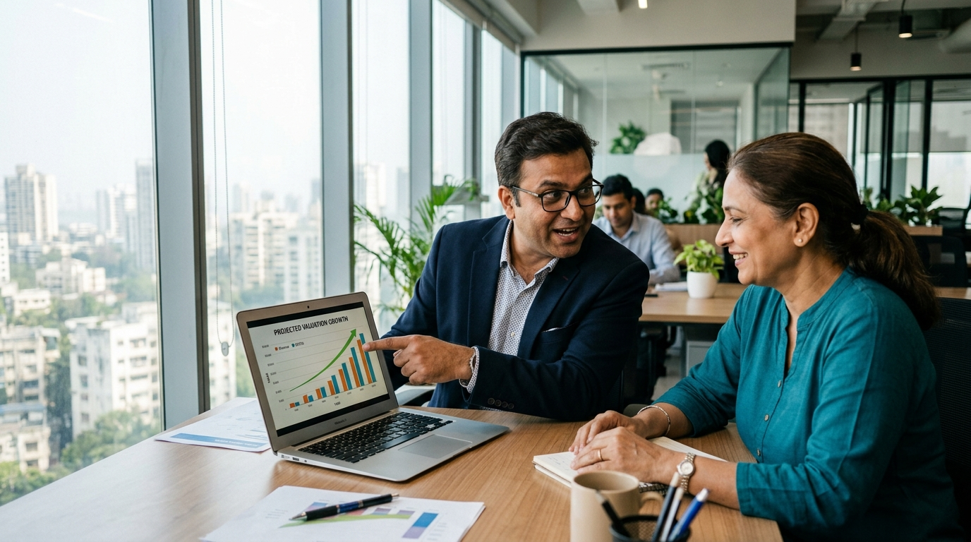Business Brokerage Service में वैल्यूएशन चार्ट दिखाता ब्रोकर