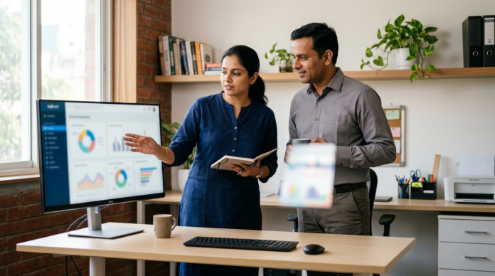 Business Management Software डैशबोर्ड देखते दो व्यापारी