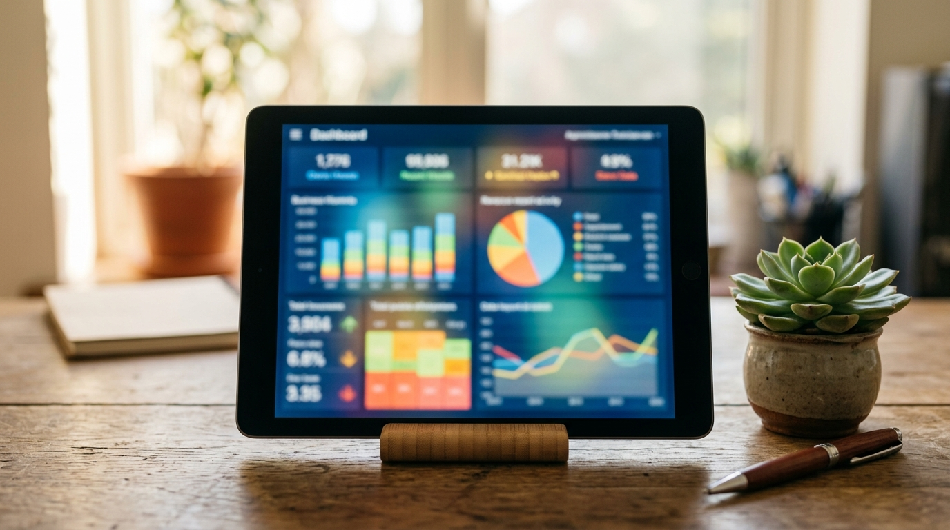 Business Management Software का चार्ट डैशबोर्ड टैबलेट स्क्रीन पर