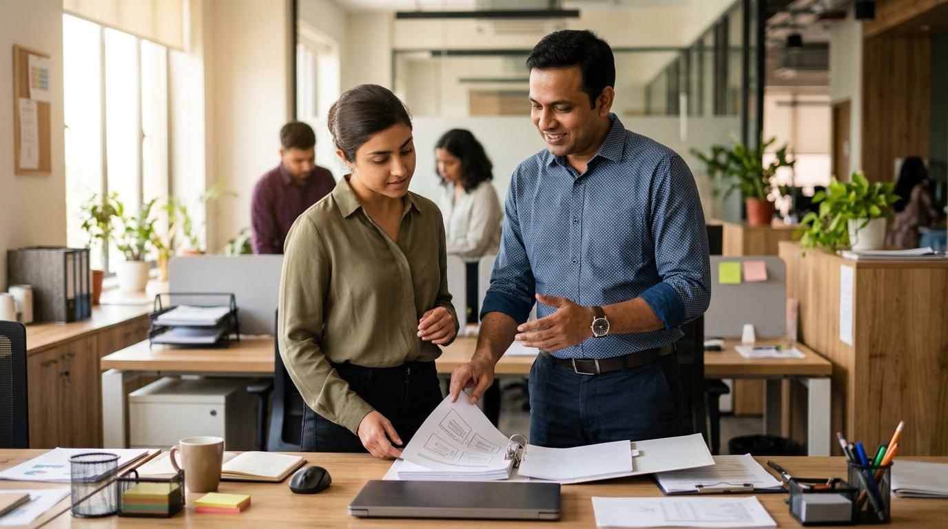 Business SOP बाइंडर से नए कर्मचारी को ट्रेनिंग देता मैनेजर