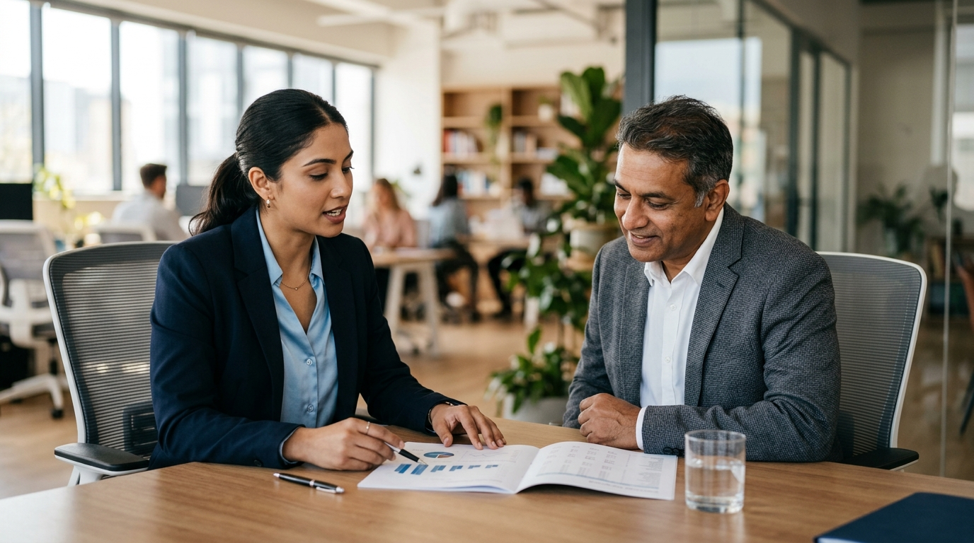 Certified Valuation Analyst क्लाइंट को वैल्युएशन रिपोर्ट समझाता हुआ