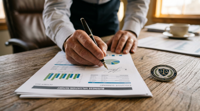 Certified Valuation Analyst की वैल्युएशन रिपोर्ट पर हस्ताक्षर करते हाथ