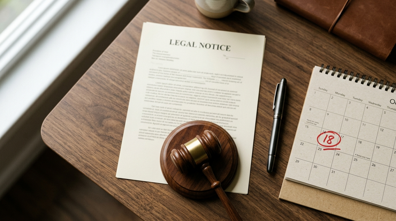 Cheque Bounce Rules ki timeline dikhata hua legal notice aur calendar