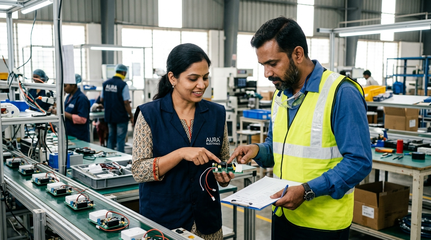 Contract Manufacturing में प्रोडक्ट सैंपल जांचते ब्रांड ओनर और क्वालिटी मैनेजर