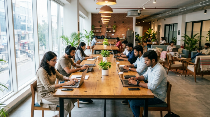 Coworking Space में काम करते कई युवा प्रोफेशनल्स