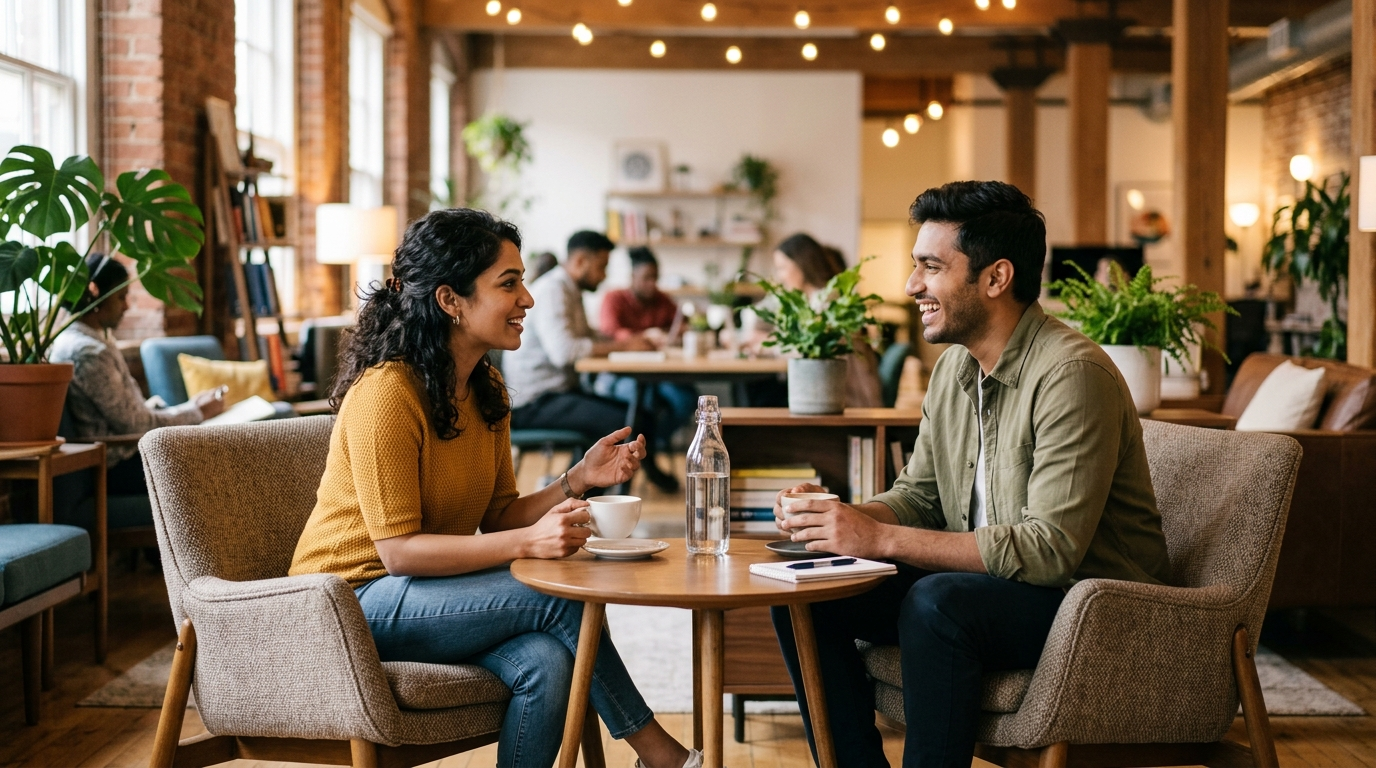 Coworking Space में नेटवर्किंग करते दो प्रोफेशनल्स
