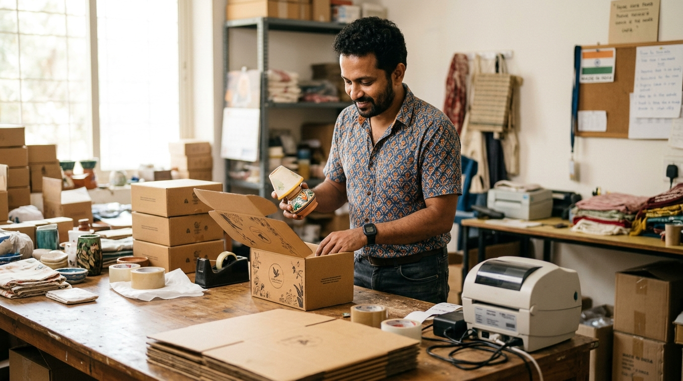 Customized Packaging Business में कस्टम बॉक्स में प्रोडक्ट पैक करता व्यापारी