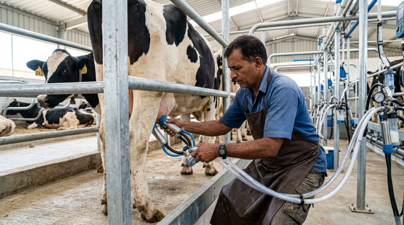 Dairy Farming में मशीन से दूध निकालता किसान