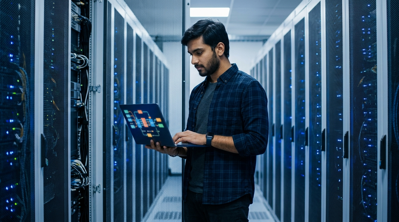 Data Lakehouse पाइपलाइन देखता डेटा इंजीनियर सर्वर रूम में