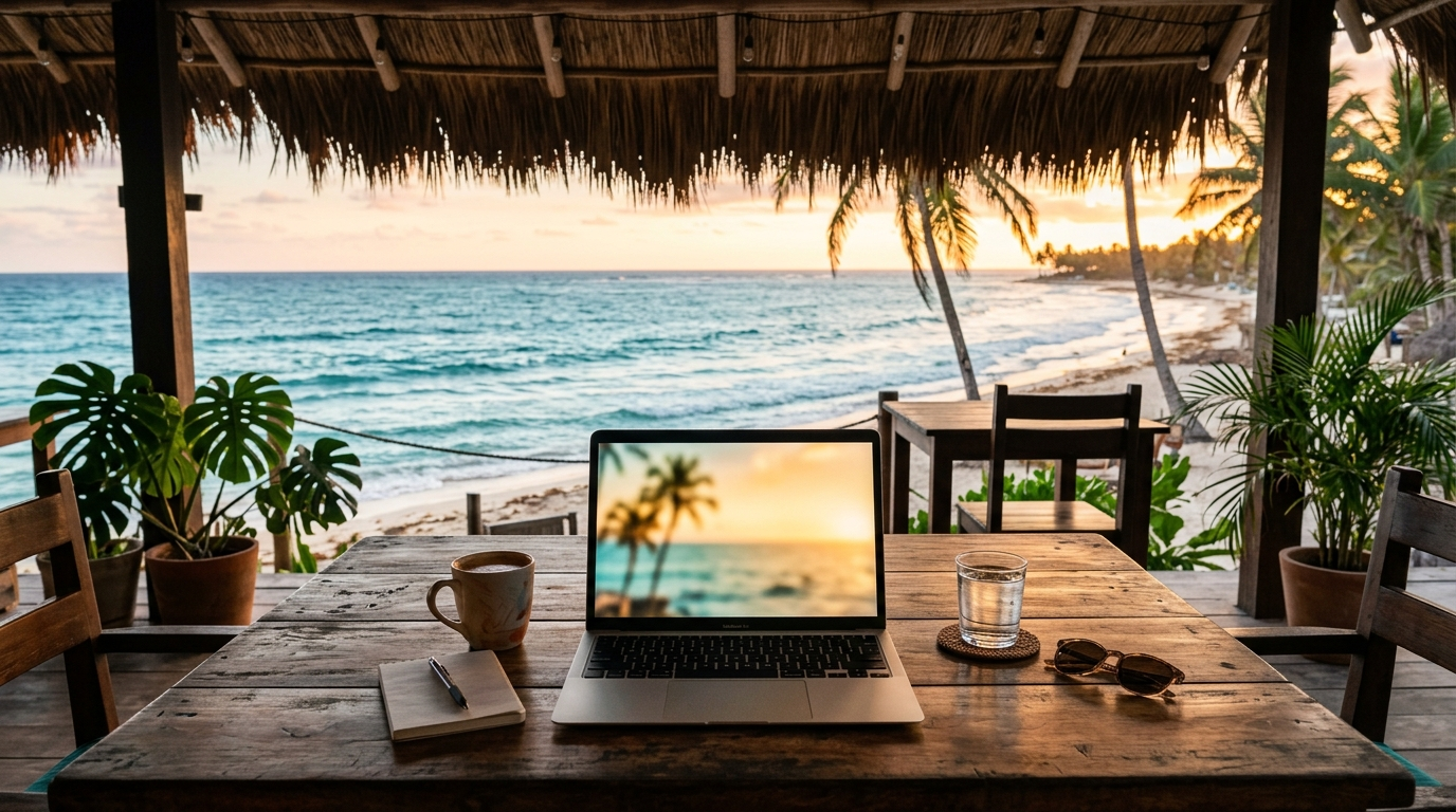 Digital Nomad beachside workspace laptop