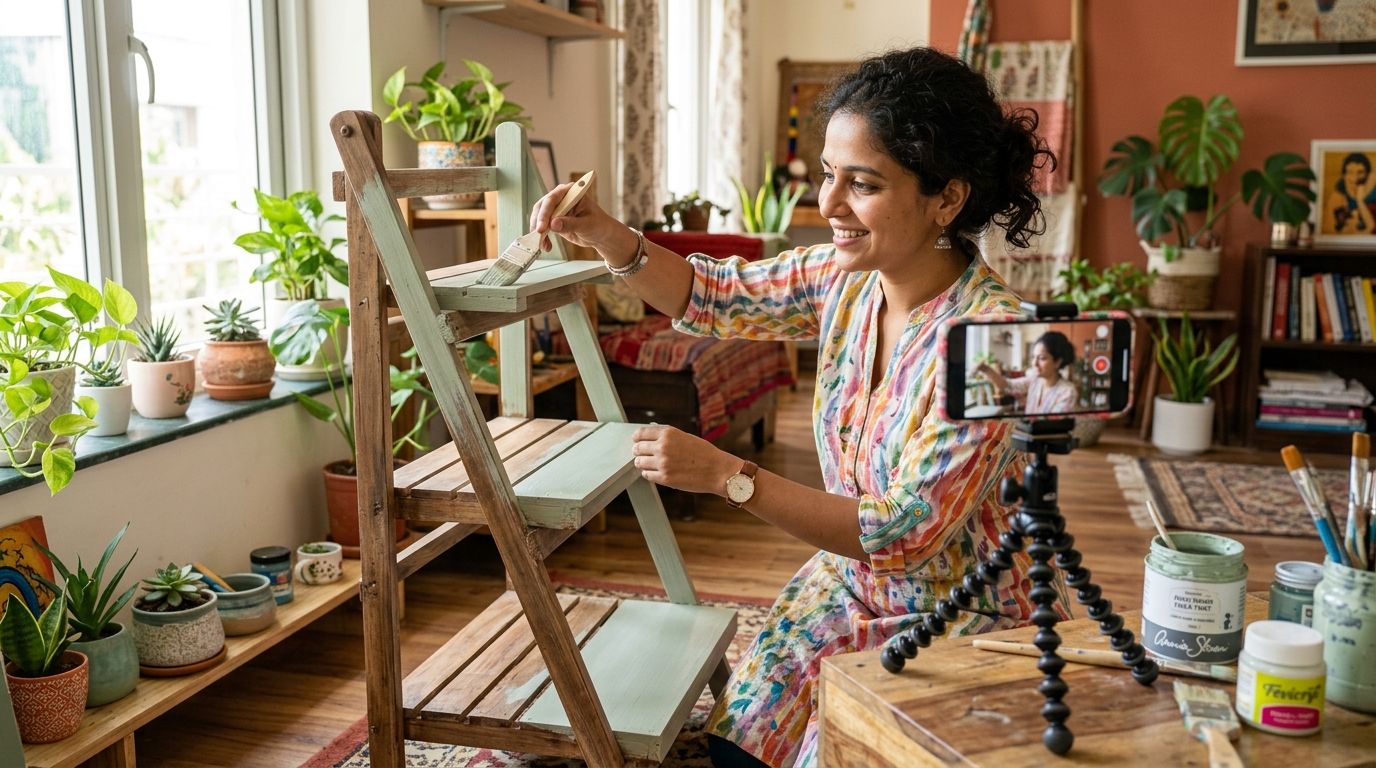 DIY प्रोजेक्ट फिल्म करती महिला होम डेकोर बनाते हुए