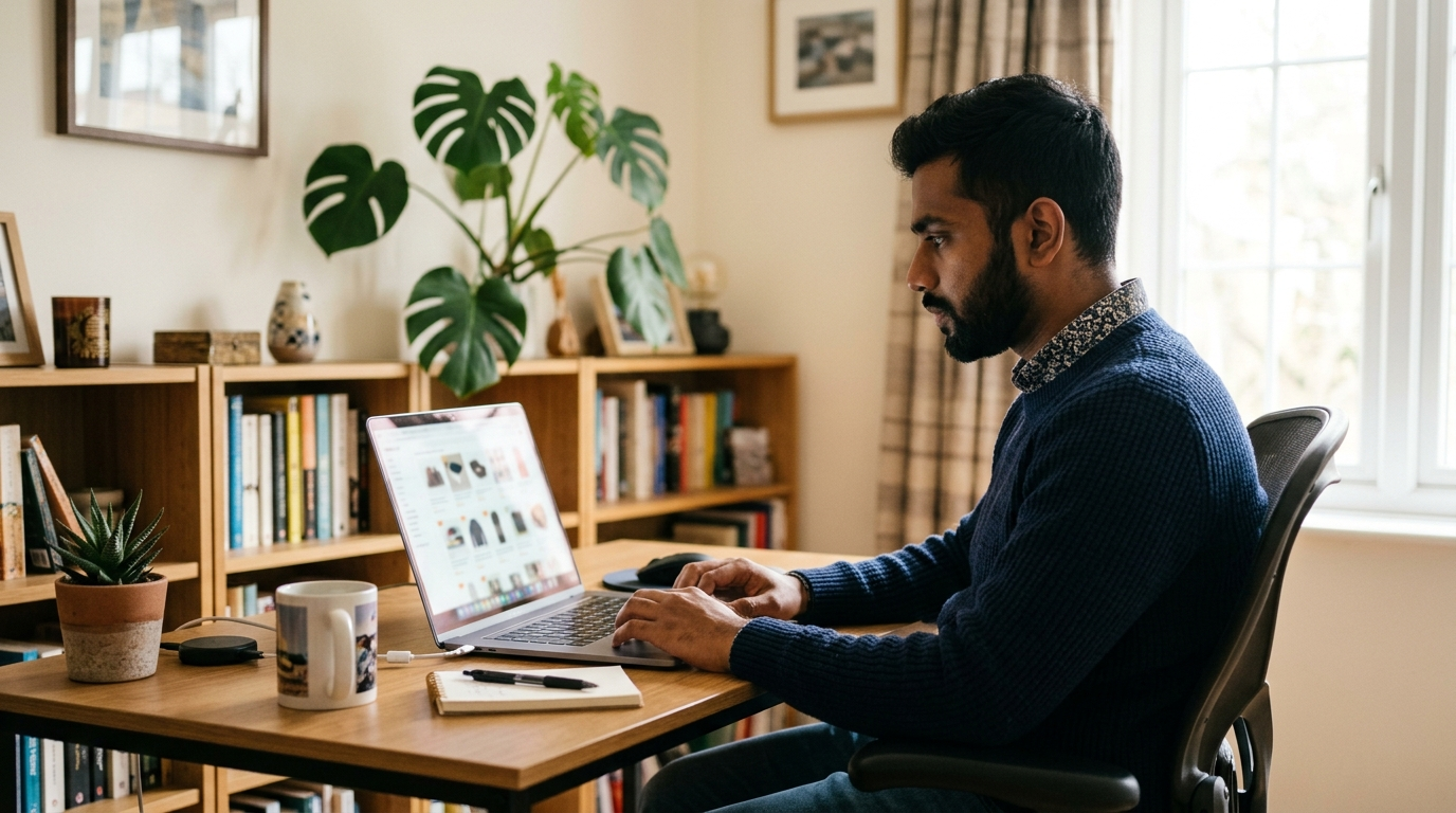 Dropshipping Business चलाता उद्यमी होम ऑफिस में लैपटॉप पर