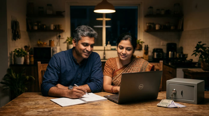 Emergency Fund plan karta hua Indian couple ghar par
