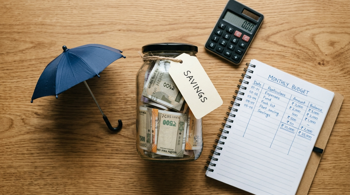 Emergency Fund jar aur budget planning umbrella protection symbol