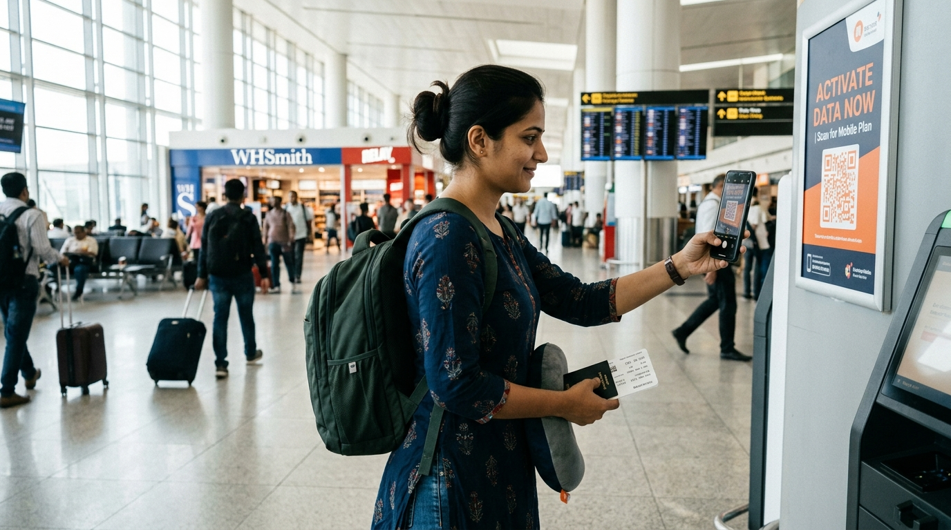 eSIM aur iSIM एक्टिवेट करता एयरपोर्ट पर यात्री