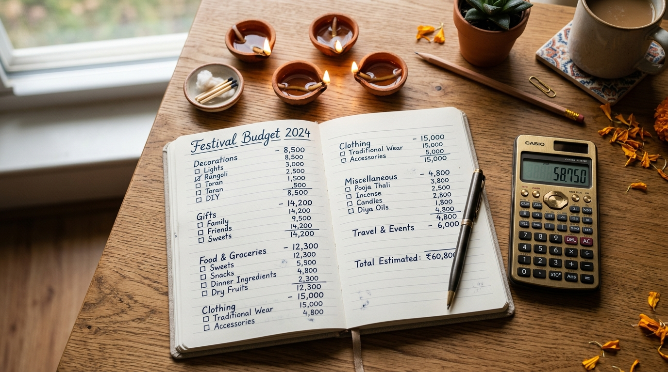 Festival Shopping Budget Tips ka category list aur diyas ke saath