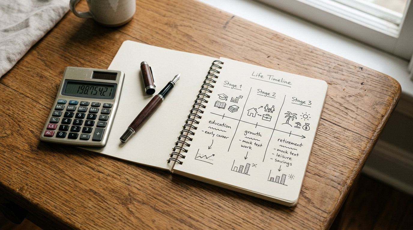 Financial Planning by Age ka teen life stages wala timeline notebook mein