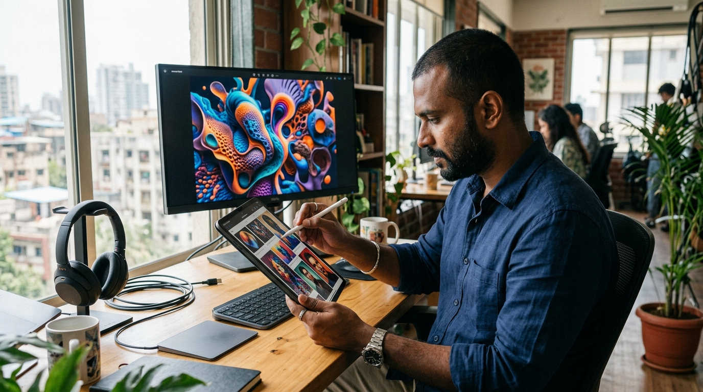 Generative AI से बनी इमेज देखता क्रिएटिव प्रोफेशनल