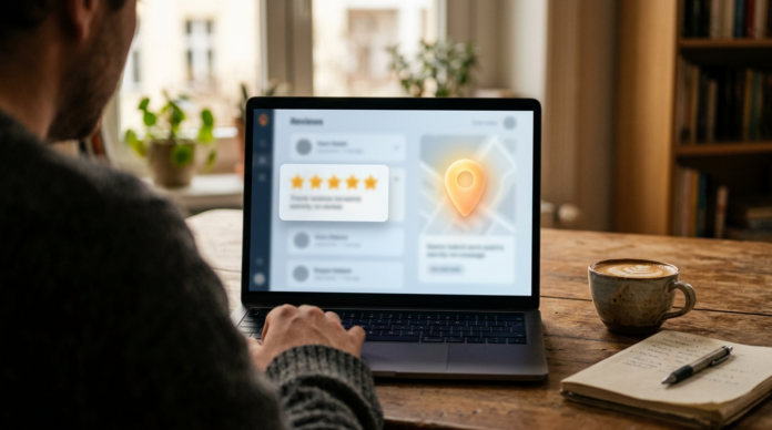 Google My Business रिव्यू और मैप पिन दिखाता लैपटॉप स्क्रीन