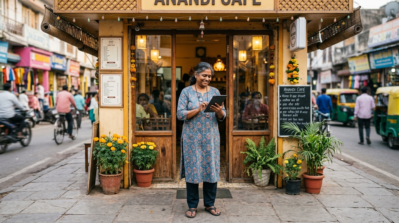 Google My Business प्रोफाइल देखती एक दुकान मालकिन अपने स्टोर के बाहर