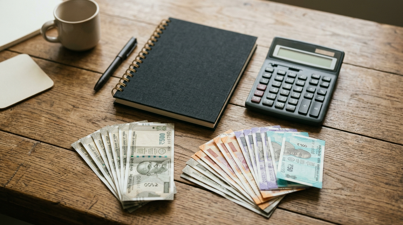 Gratuity Calculation Formula ka calculator aur rupee notes ke saath calculation