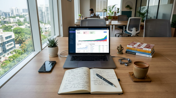 SEO Business Guide 2026 के लिए मॉडर्न बिजनेस डेस्क पर ग्रोथ चार्ट