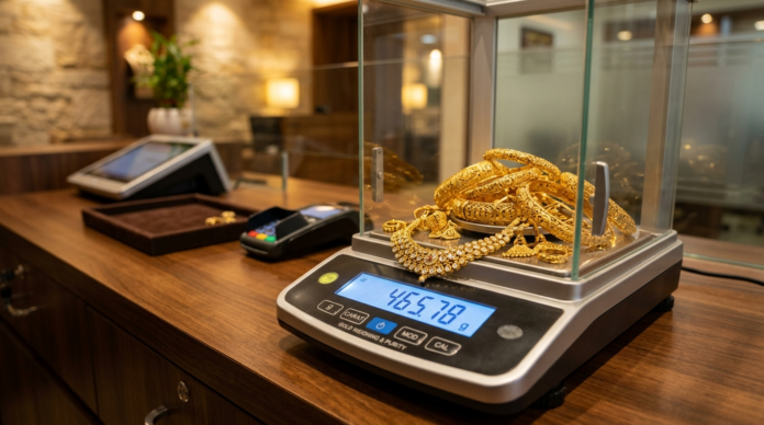 Gold Loan Guide के लिए सोने के गहनों की तौल करती स्केल