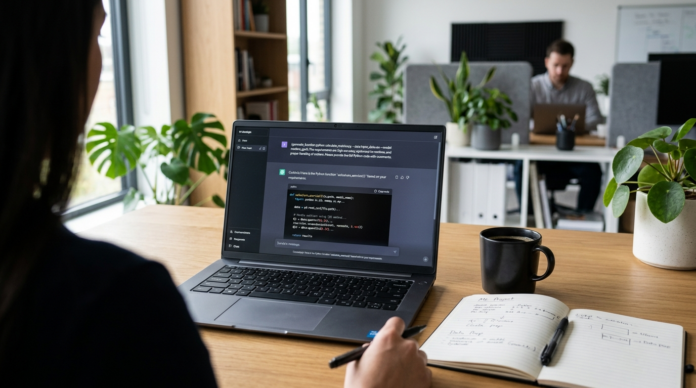 Prompt Engineer Career Guide के लिए AI चैट इंटरफेस दिखाता लैपटॉप