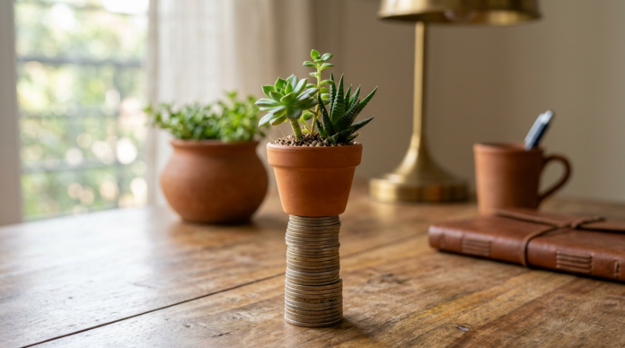 Dividend Investing को दर्शाता सिक्कों पर उगता पौधा