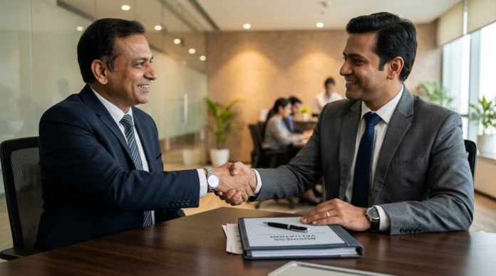 Business Brokerage Service में डील पूरी करते हुए हाथ मिलाते दो प्रोफेशनल्स