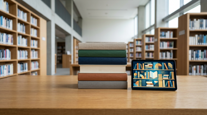 National Digital Library of India को दर्शाती किताबें और डिजिटल टैबलेट