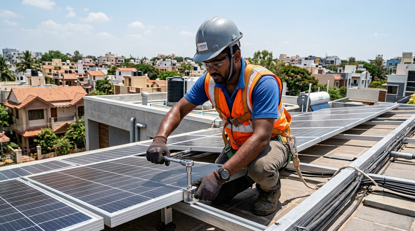 Home Solar Panel इंस्टॉल करता टेक्नीशियन