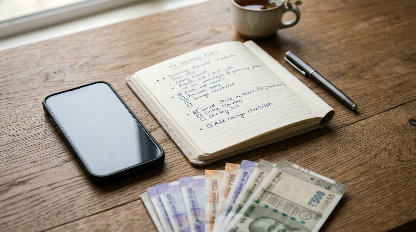How to Save Money Fast ka checklist aur rupee notes ke saath
